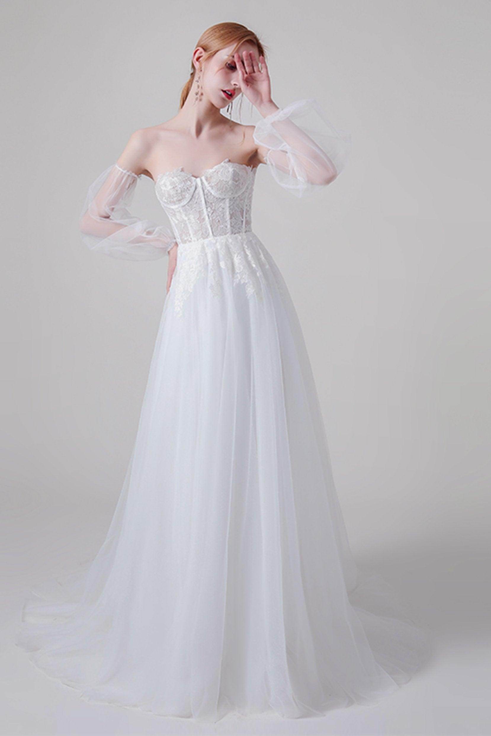 A-Line Sweep-Brush Train Lace Tulle Wedding Dress CW2743 - COCOMELODY